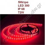  LED Strips ταινίες με βαθμό στεγανότητας κατα IP68 με 300 LED σε καρούλι 5 μέτρων 72W και LED SMD 5050 σε κόκκινο χρώμα και 12 V DC LDT-5050/68RD 
